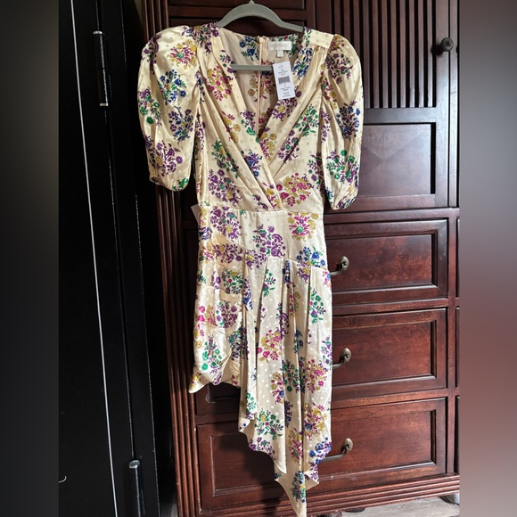 Ronny Kobo Collection Dresses & Skirts - Ronny Kobo Collection Cream Floral Wrap Dress with Purple, Pink & Green Print